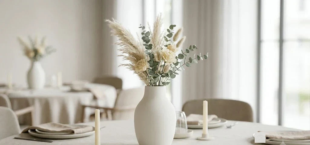 Wedding table centerpiece with a personalized matte off-white vase with pampas grass, eucalyptus and cream flowers on a linen tablecloth