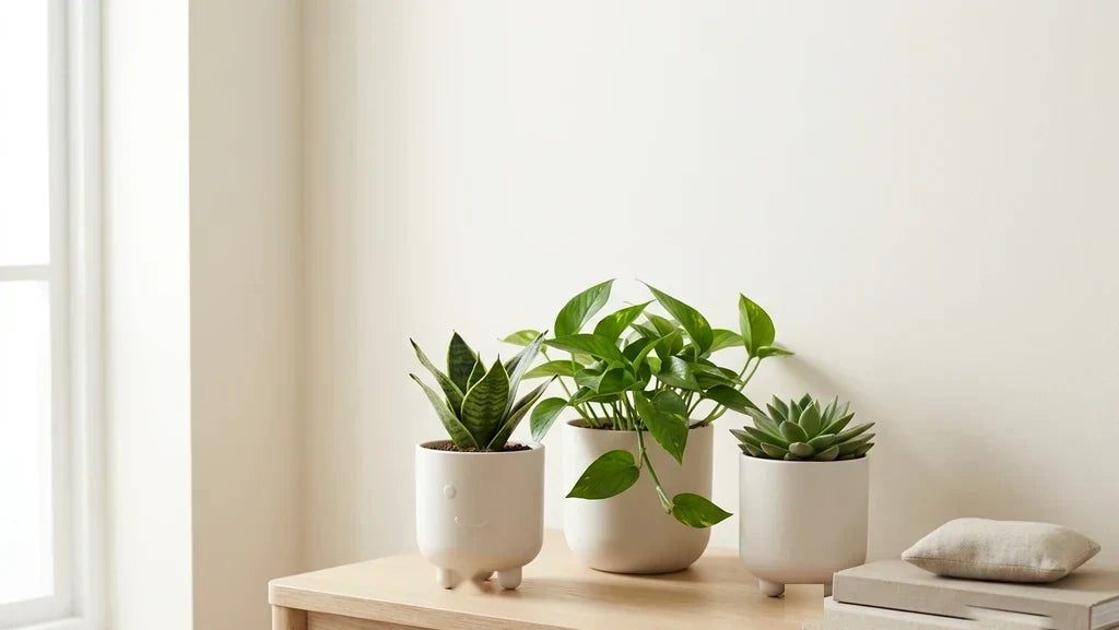 Fun matte PLA planters with faces and legs in pastel tones on a bright table