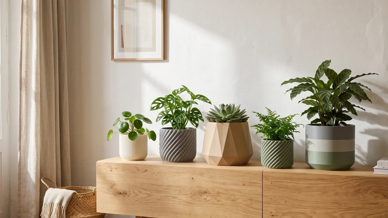 Cinco maceteros de PLA mate con texturas distintas alineados sobre un aparador de roble con plantas verdes