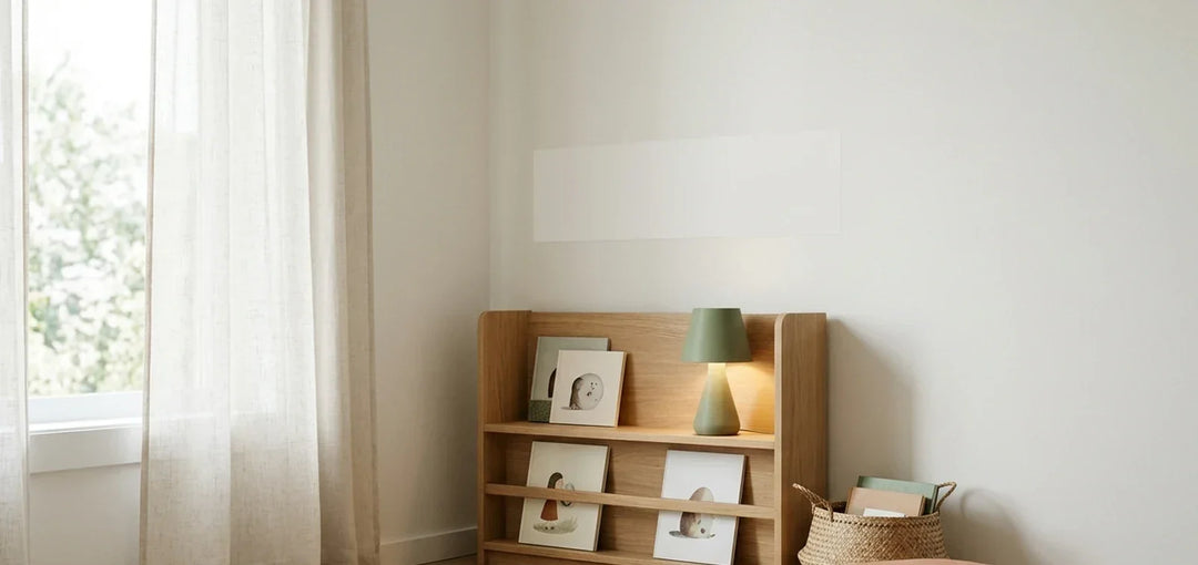 Nordic kids' reading nook with an oak bed, warm lamp, name letters and a bookshelf with storybooks