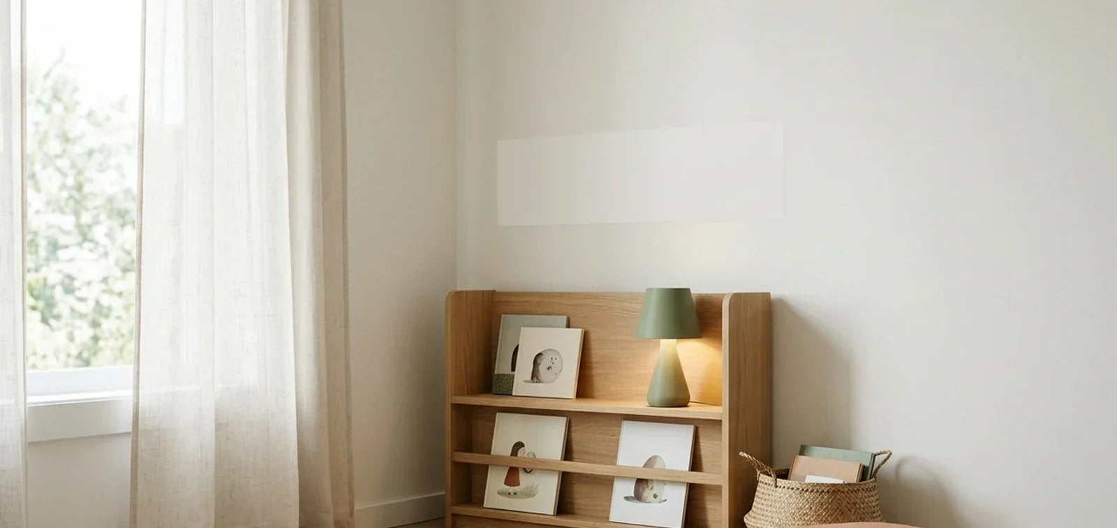 Nordic kids' reading nook with an oak bed, warm lamp, name letters and a bookshelf with storybooks