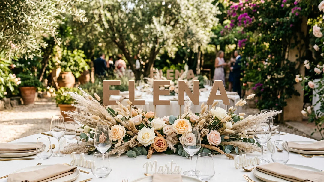 Mesa redonda de jardín con letras decorativas en PLA mate marrón latte tras el centro de flores secas