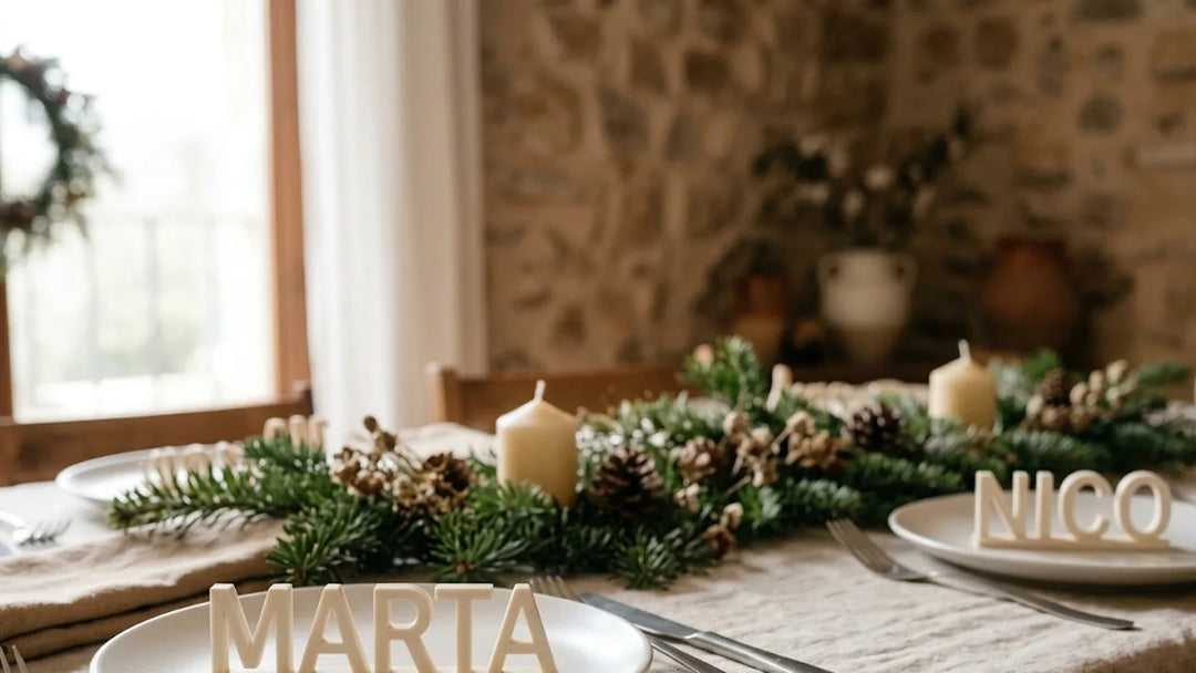 Mesa de Nochebuena con guirnalda de abeto y marcasitios en PLA mate blanco marfil y caramelo en cada plato