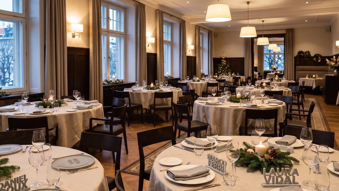 Comedor privado de restaurante con seis mesas redondas listas y marcasitios de PLA mate en cada plato