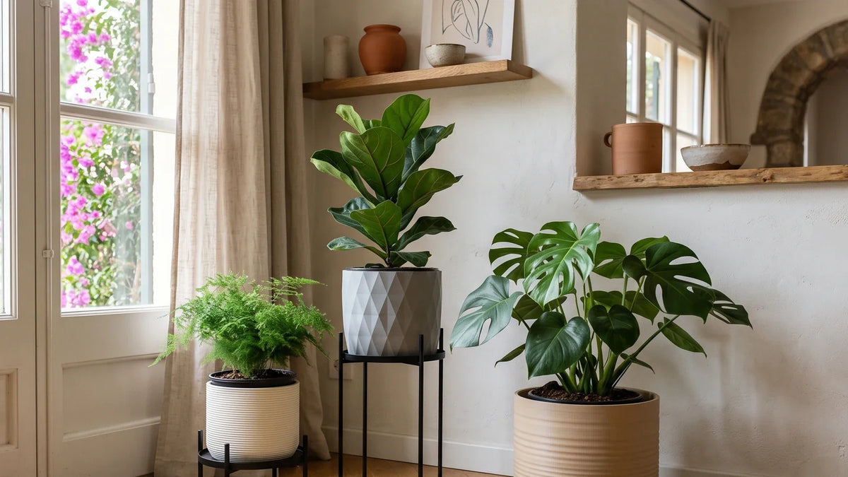 Tres maceteros de PLA mate a distintas alturas sobre soportes finos y parquet, en un rincón luminoso de salón
