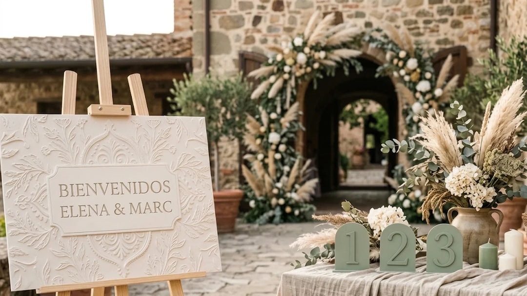 Cartel de bienvenida y números de mesa de boda personalizados en PLA mate