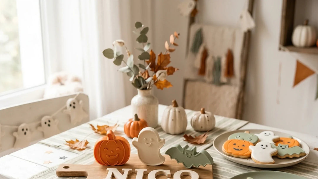 Mesa de Halloween para fiesta infantil con letras y cortadores personalizados