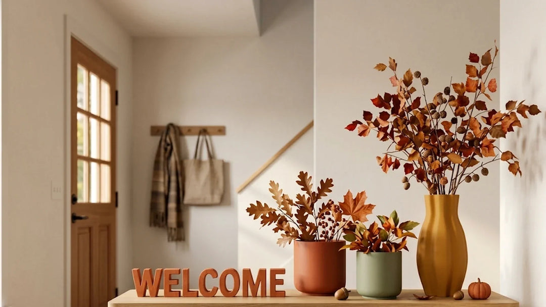 Entrada de casa decorada en otoño con jarrón y cartel personalizados en PLA mate