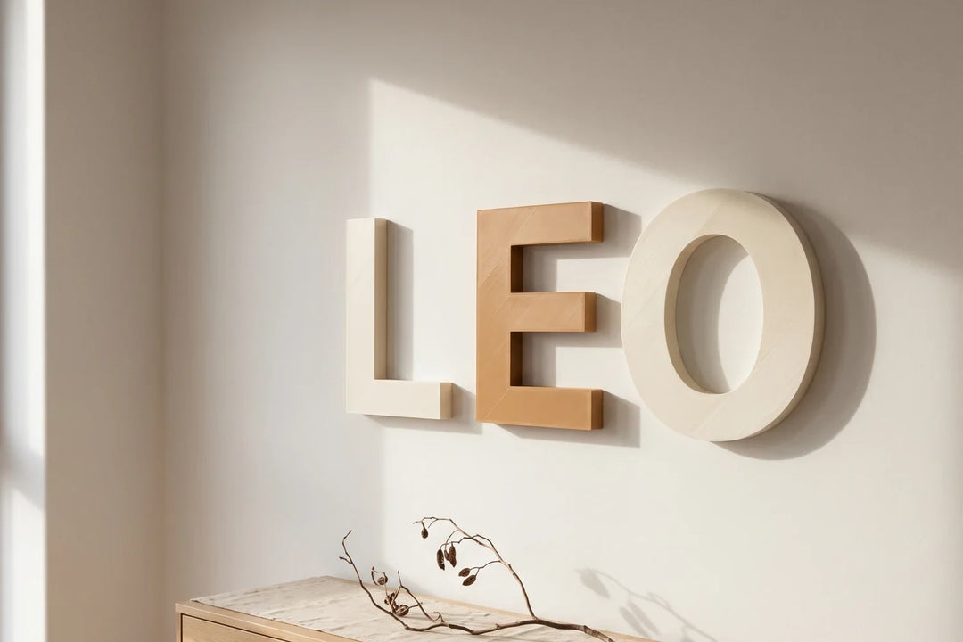 Letras grandes decorativas de PLA mate montadas sobre una pared clara del salón, con aparador de roble debajo