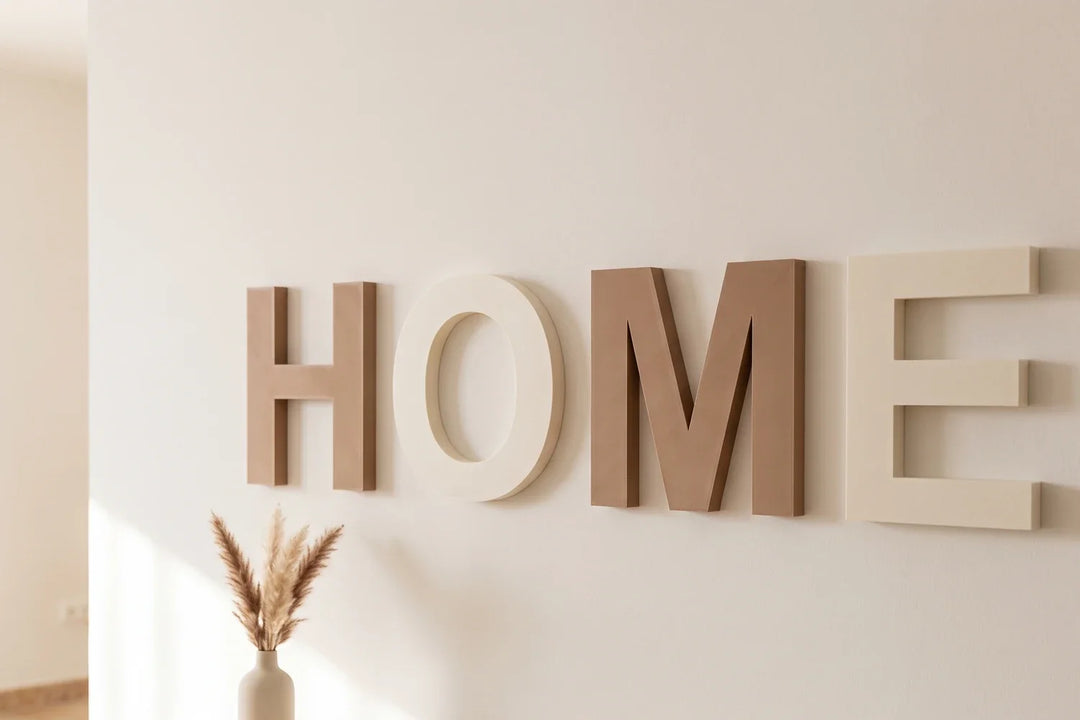 Palabras decorativas de PLA mate colocadas en la pared de una vivienda de estilo nórdico