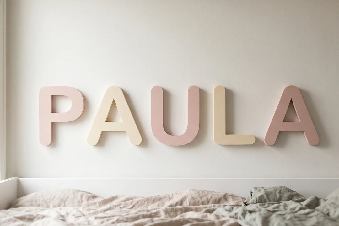 A girl's name in matt PLA letters on the wall of a nursery in soft tones