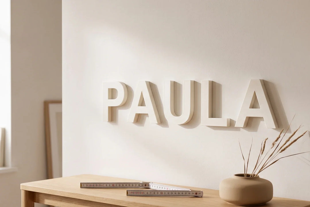 Comparación de alturas de letras decorativas de PLA mate colocadas sobre una pared clara