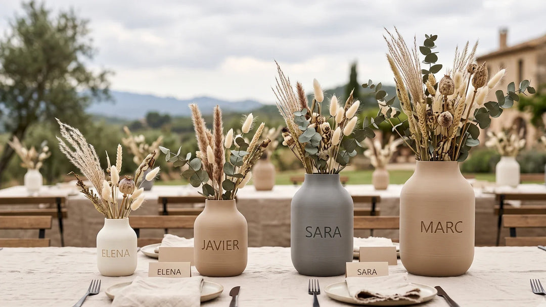 Fila de jarrones personalizados de PLA mate con flores secas en una mesa de boda al aire libre