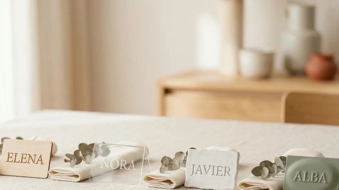 Marcasitios de boda personalizados con nombre en distintos materiales
