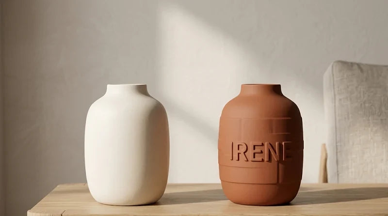 Jarrón personalizado con nombre en relieve frente a un jarrón de catálogo
