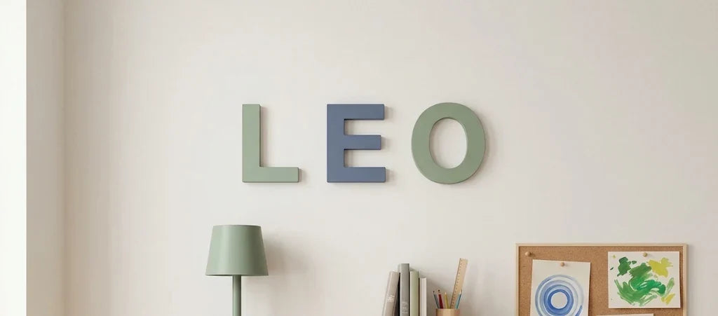 Rincón de estudio infantil con escritorio de roble y letras decorativas del nombre en la pared
