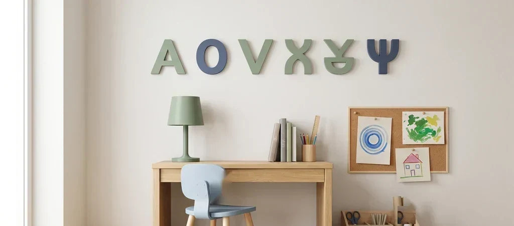 Rincón de estudio infantil con escritorio de roble, lámpara, letras decorativas en la pared y organizador