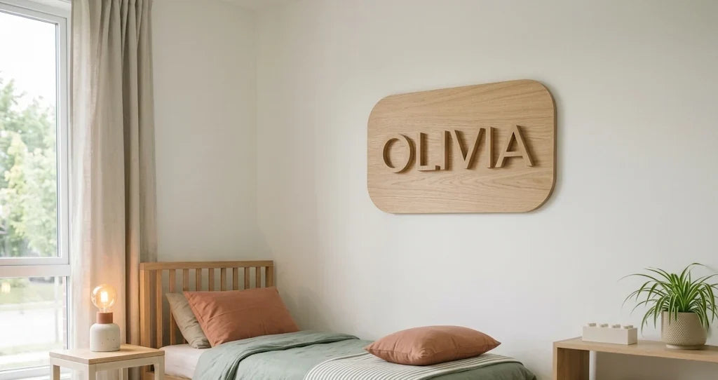 Habitación infantil decorada sin obras con el nombre en letras decorativas