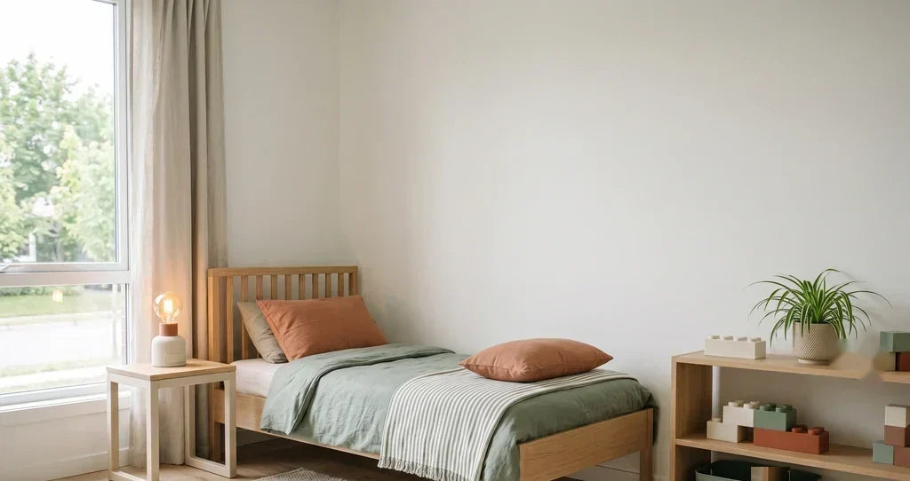 Habitación infantil nórdica decorada sin obras con letras, lámpara, estantería y macetero en tonos salvia y terracota