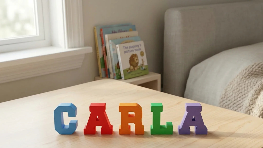 Letras infantiles de colores formando un nombre en una balda