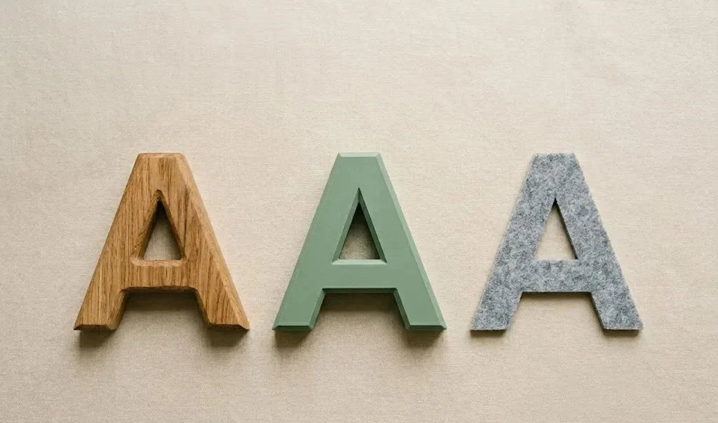 Comparativa de letras con nombre de bebé en distintos materiales frente a PLA mate
