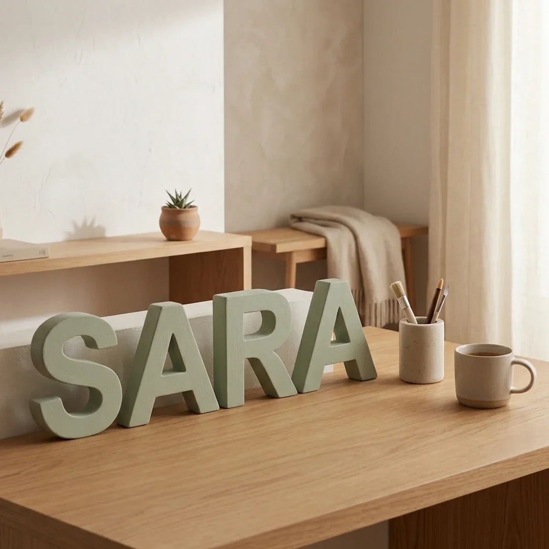 Letras decorativas personalizadas a formar um nome sobre uma secretária
