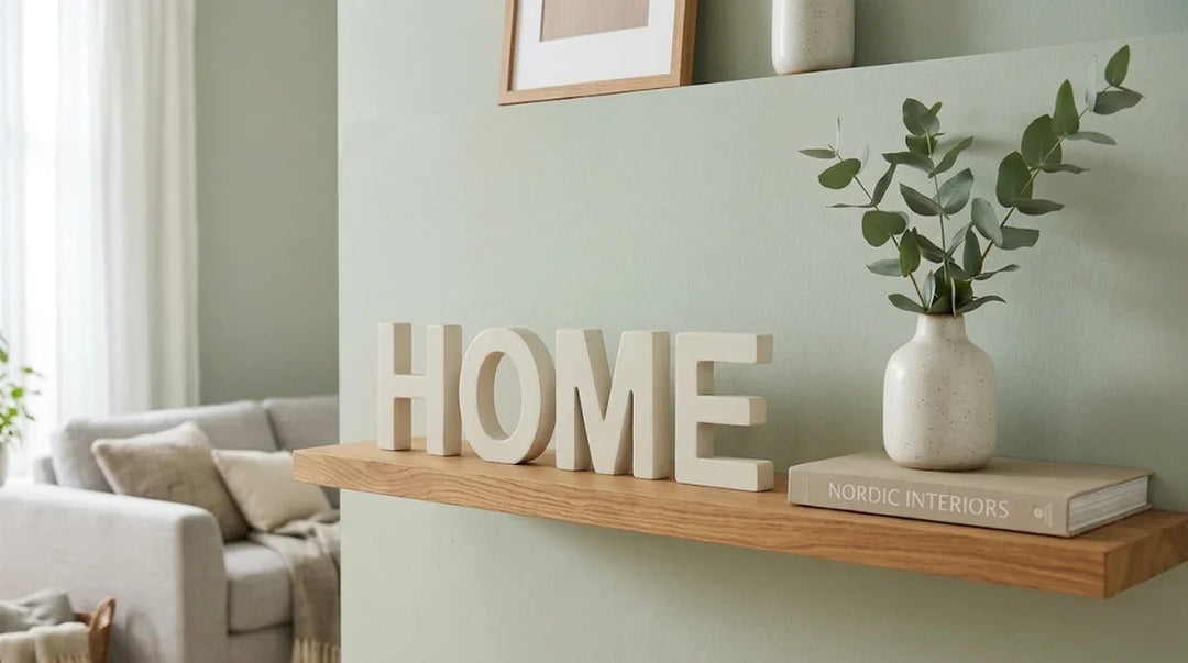 Letras decorativas personalizadas formando la palabra HOME en un recibidor