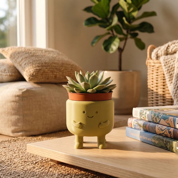 Macetero sonriente con brazos en verde pistacho sobre una mesa de madera junto a la ventana