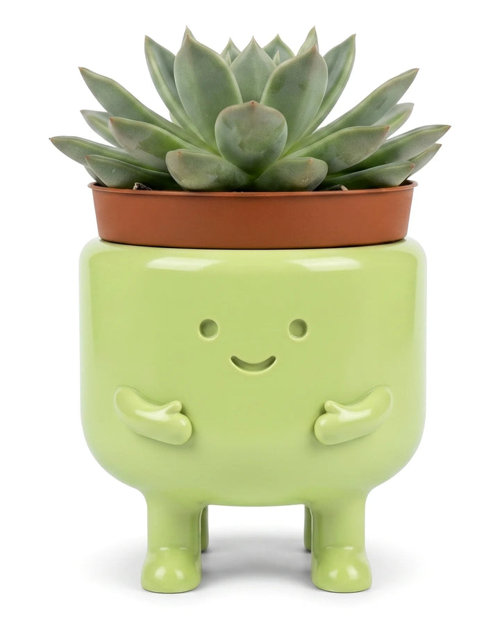 Macetero sonriente con brazos en verde pistacho con una suculenta