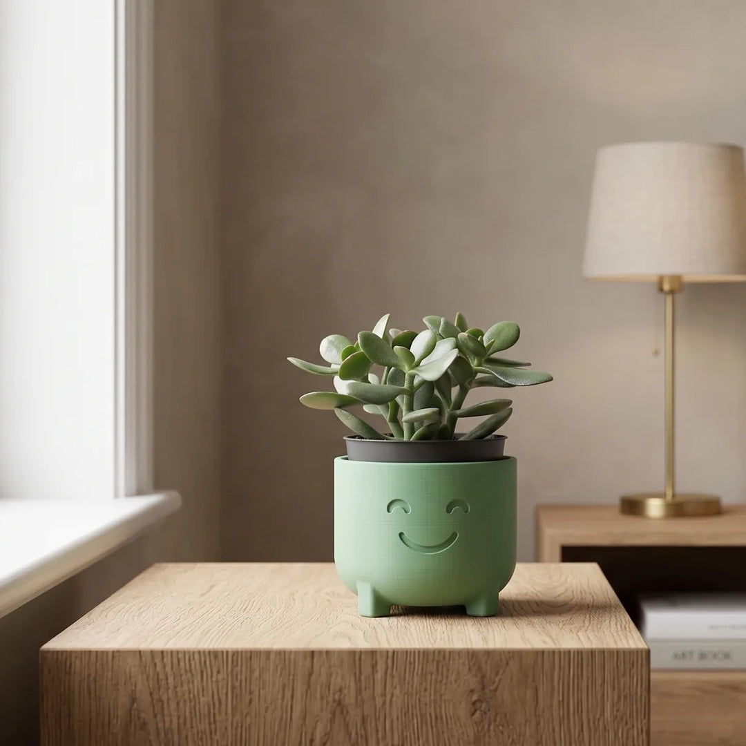 Macetero con cara sonriente en verde salvia sobre una mesita de madera junto a la cama