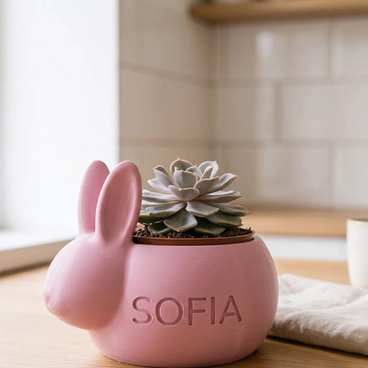 Macetero conejo en rosa con una suculenta sobre la encimera de una cocina