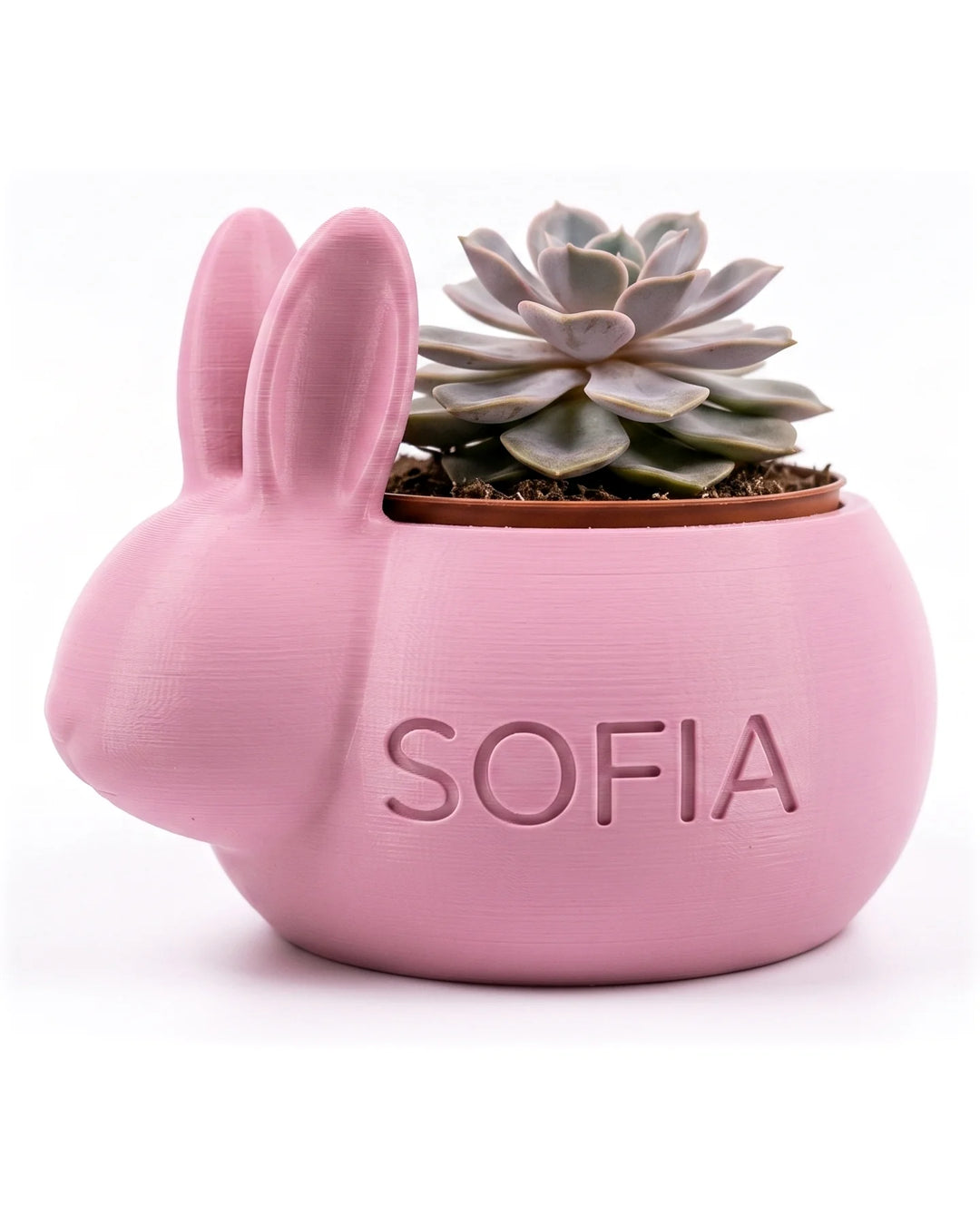 Macetero con forma de conejo en rosa con el nombre Sofia grabado en el lateral