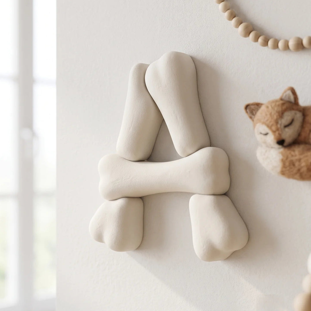 Letra A decorativa personalizada con forma de hueso de dinosaurio en blanco hueso sobre la pared de una habitacion infantil