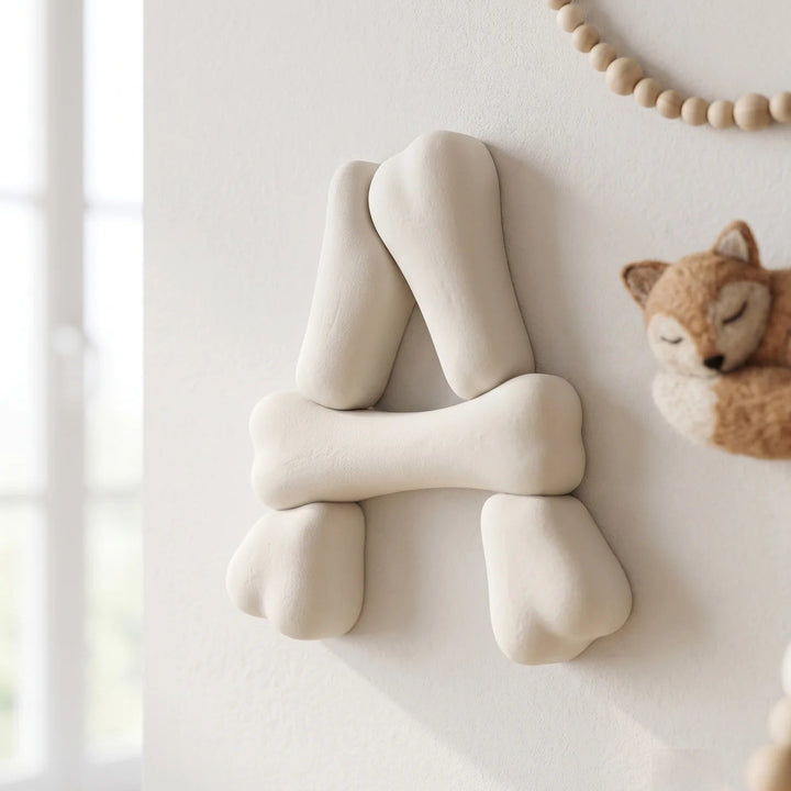 Letra A decorativa personalizada con forma de hueso de dinosaurio en blanco hueso sobre la pared de una habitacion infantil