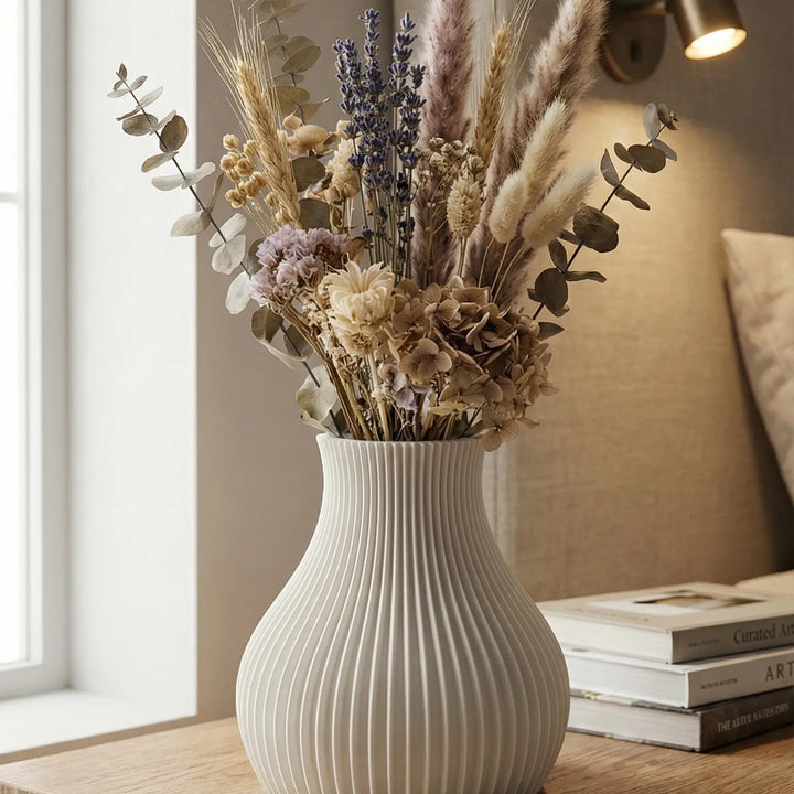 arrón decorativo blanco con textura de estrías verticales y diseño orgánico sobre una mesa de madera con flores secas.