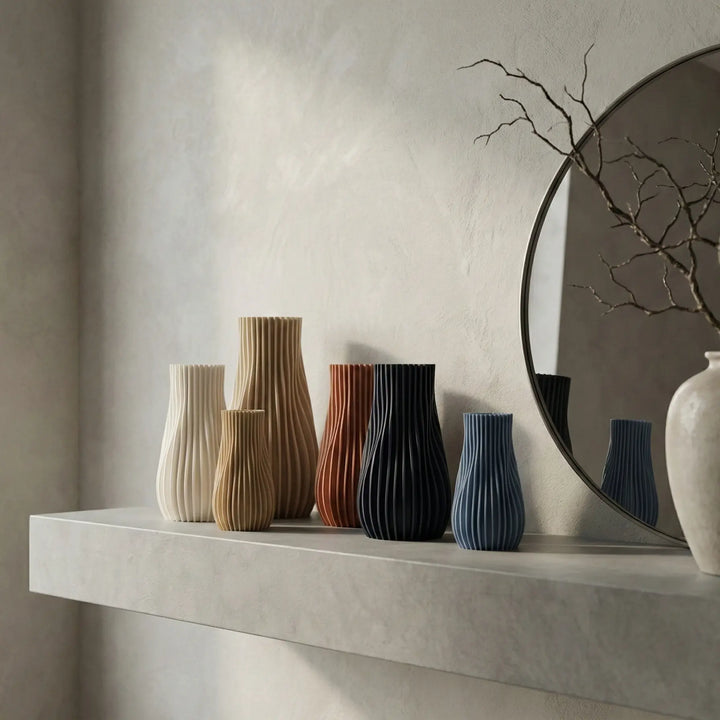 Jarrón decorativo de color gris carbón con diseño de lamas verticales onduladas y acabado mate sobre fondo blanco.