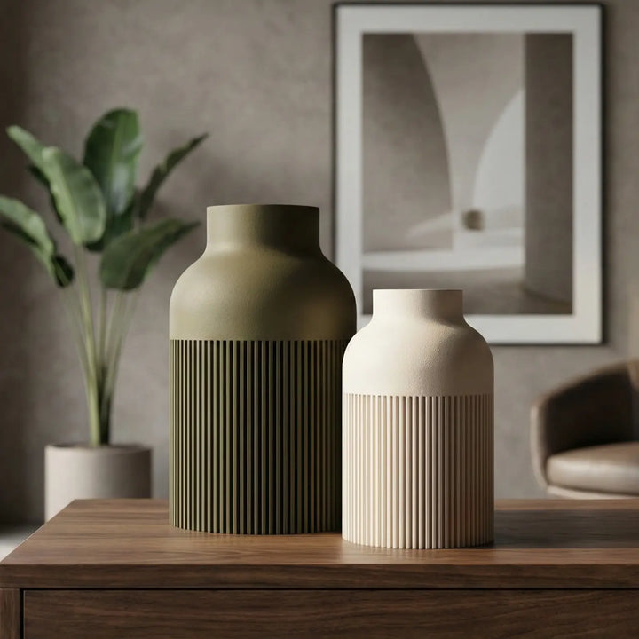 Jarrón decorativo de color gris carbón con diseño de lamas verticales onduladas y acabado mate sobre fondo blanco.