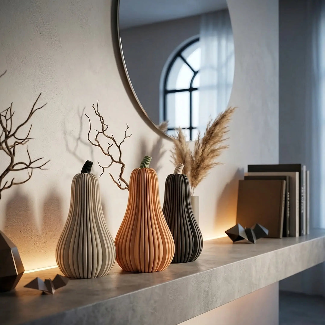Set de tres calabazas altas estriadas en colores neutros y terracota con tallos en contraste en ambiente minimalista.
