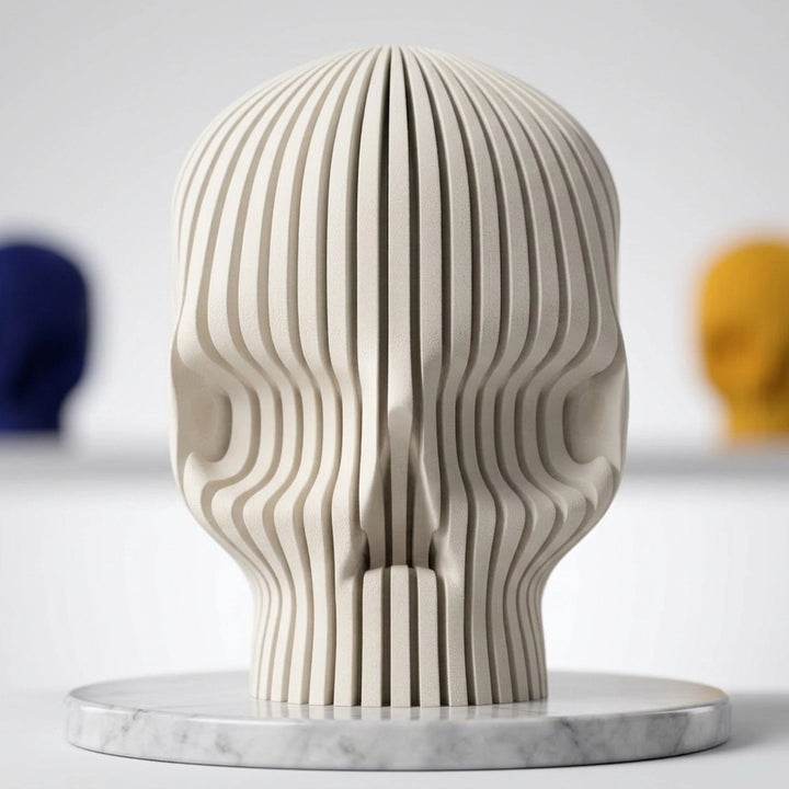 Escultura de calavera con diseño de láminas verticales en acabado blanco hueso sobre base de mármol.