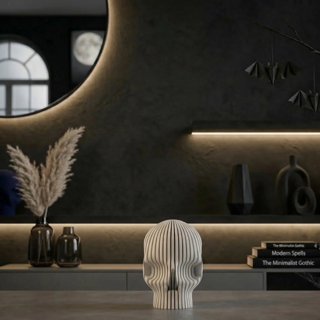 Calavera paramétrica laminada en ambiente de diseño gótico con libros y murciélagos decorativos de fondo.