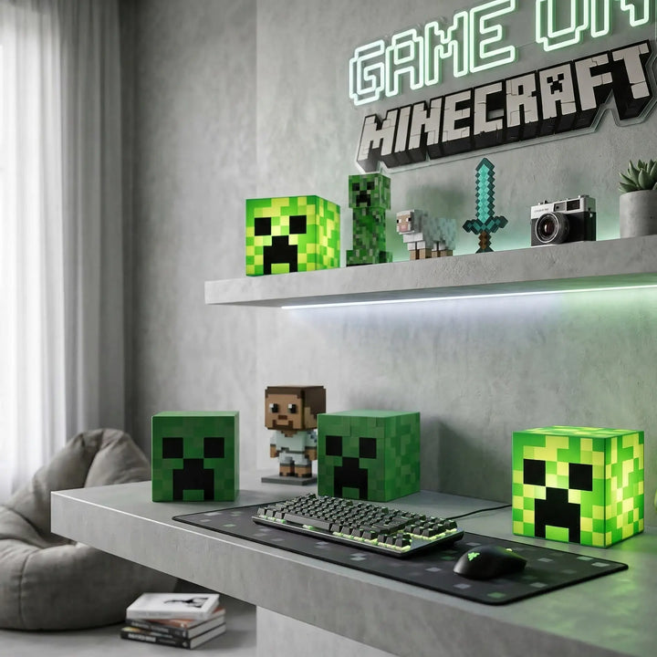 Cubic Design Tischlampe mit grün-schwarzem Pixelmuster in hoher Auflösung auf weißem Hintergrund.