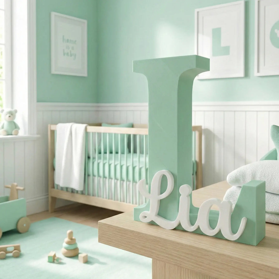 Inicial en azul mate con el nombre 'Alex' integrado en blanco en la base sobre un fondo neutro.