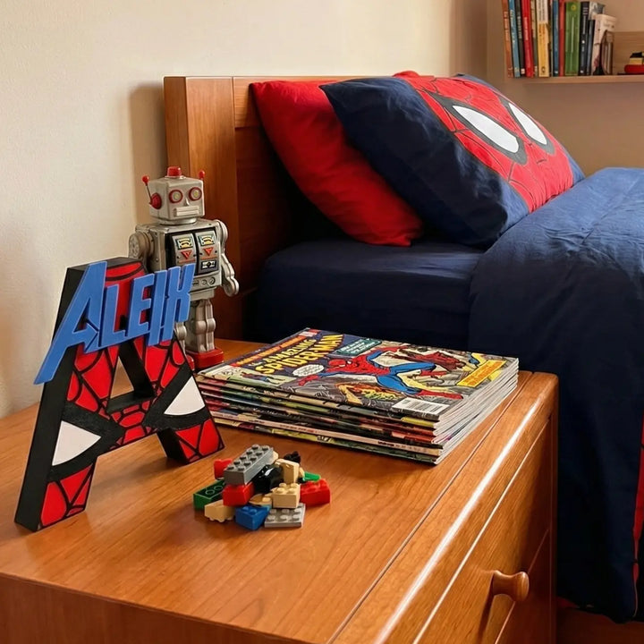 Inicial mayúscula 'A' personalizada con diseño de Spiderman en rojo y negro, con el nombre 'ALEIX' superpuesto en azul en relieve.
