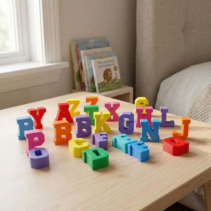 Letras de juguete dispersas sobre mesa de madera clara mostrando profundidad y variedad de colores.