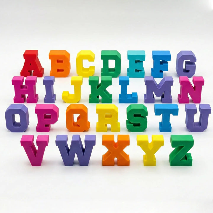 Colección completa de letras corpóreas 3D estilo Slab Serif en colores arcoíris organizadas en filas