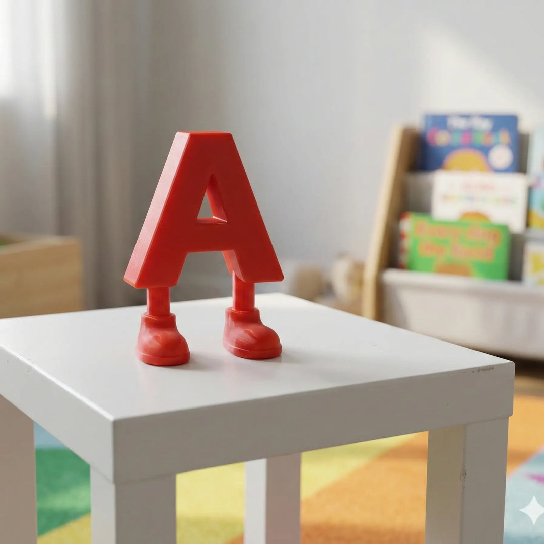 Letra A roja con diseño de pies y zapatos, ideal para formar nombres en decoración infantil.