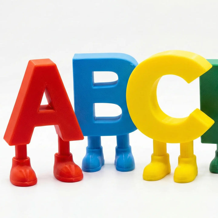 Letra A roja con diseño de pies y zapatos, ideal para formar nombres en decoración infantil.