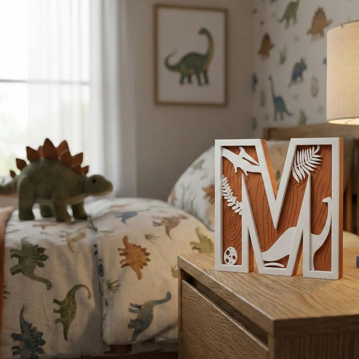 Habitación infantil temática dinosaurios con letra M decorativa sobre mesita de noche de madera junto a lámpara y libros.