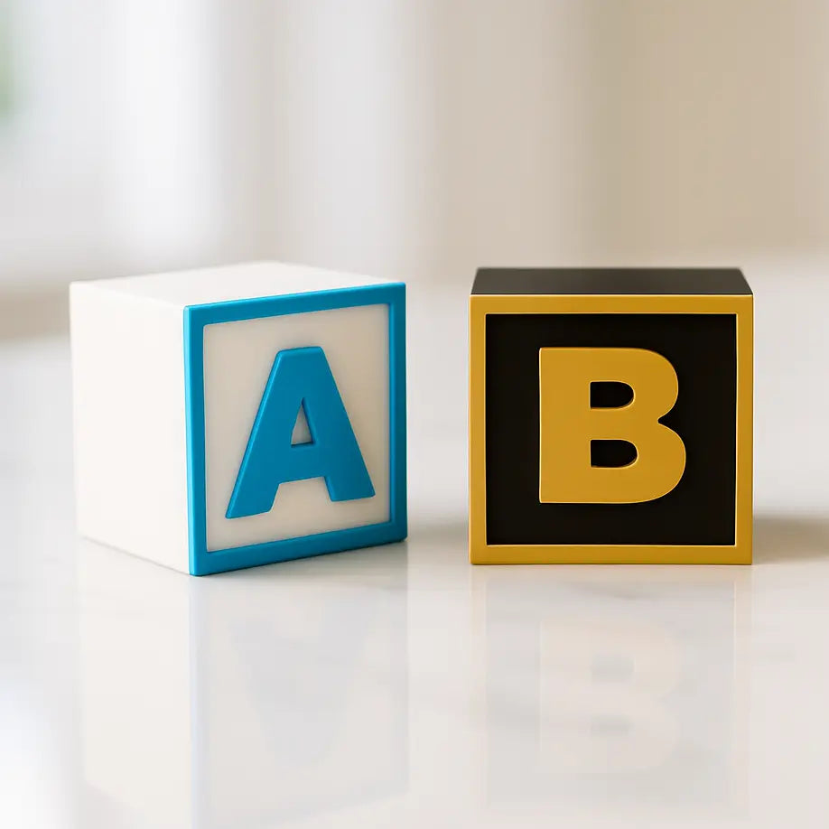 Tres cubos decorativos mostrando letras A, B, C con acabados variados: blanco/azul, negro/oro y arena/blanco.