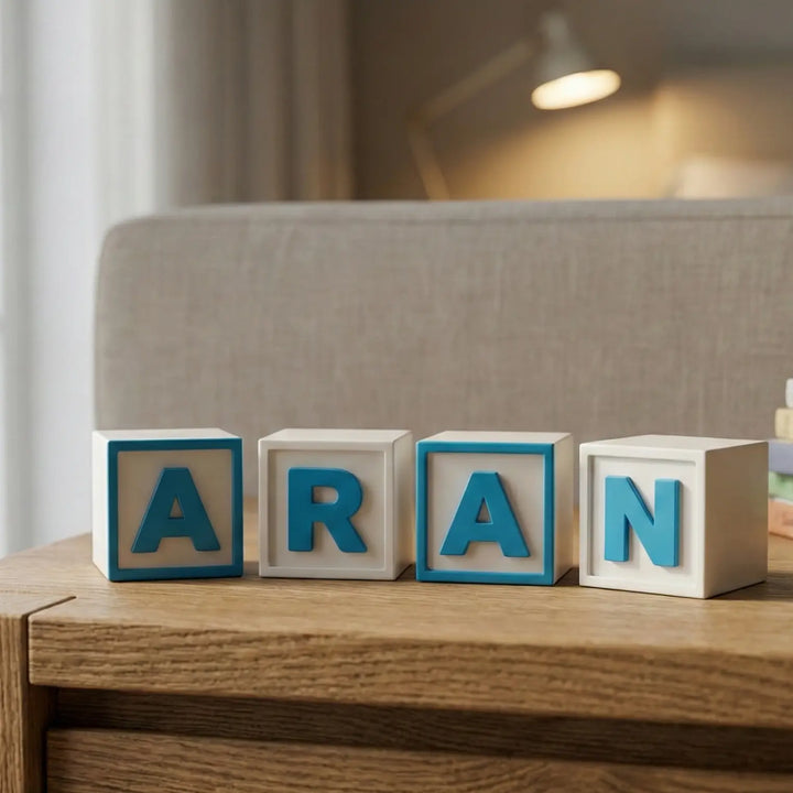 Bloques cuadrados blancos con marco y letras A, R, A, N en color azul cian alineados sobre superficie plana.